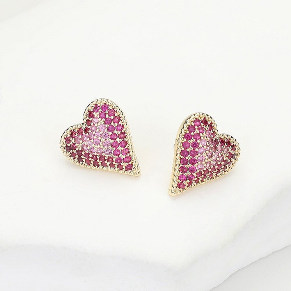 BEST SELLER! 14K Gold Plated CZ Stone Pave Heart Stud Earrings
